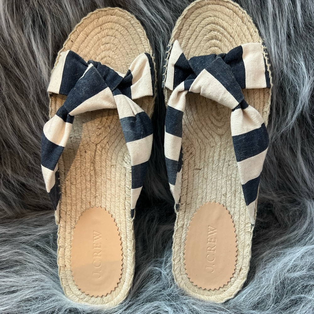 NWOT J.Crew Striped Knotted Espadrille Slides Size 10 Cream with Navy Stripe